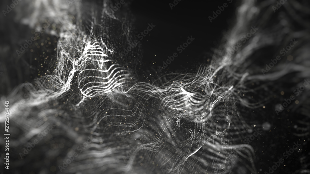 Poster Futuristic Swirling Particles flowing digital particles wave de-focus virtual reality abstract cyber space environment background