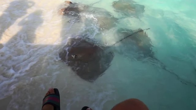 Feet Dangle Off Boat, Over Sting Rays in Clear, Shallow Water - Vabbinfaru, Maldives