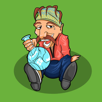 tattooed hippie cartoon and holding marijuana bongs