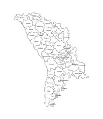 Vector isolated illustration of simplified administrative map of Moldova. Borders and names of the districts. Black line silhouettes