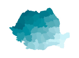 Vector isolated illustration of simplified administrative map of Romania. Borders of the counties. Colorful blue khaki silhouettes