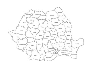 Vector isolated illustration of simplified administrative map of Romania. Borders and names of the counties. Black line silhouettes