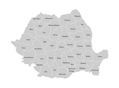Vector isolated illustration of simplified administrative map of Romania. Borders and names of the counties (regions). Grey silhouettes. White outline