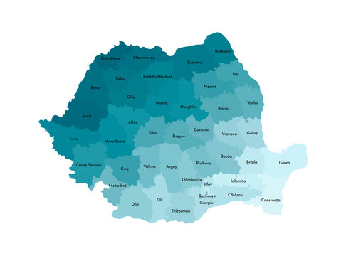 Vector isolated illustration of simplified administrative map of Romania. Borders and names of the counties. Colorful blue khaki silhouettes