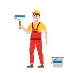 Painter man is holding a paint roller in hand, profession, character, uniform, bucket