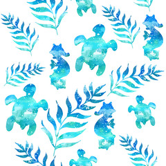 Seamless  pattern with marine tropical leaves and seahorse. 