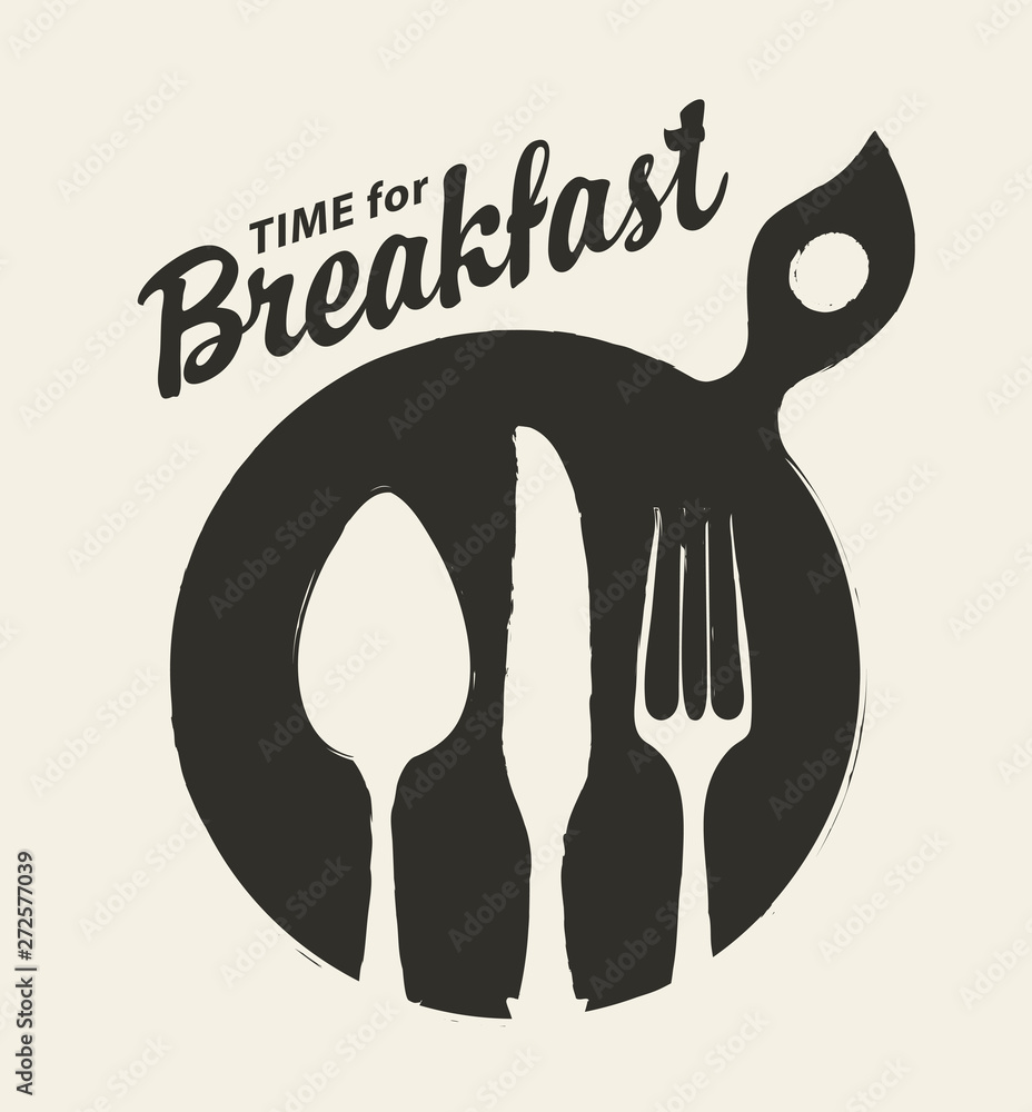Poster vector banner on the theme of breakfast time with spoon, fork and knife a light background with insc