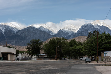 Traveling in South California around Lone Pines. small town with snowed Mountain Whitney on the back 