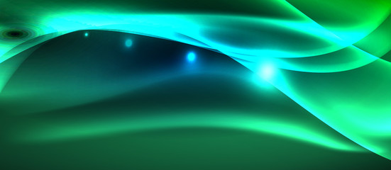Glowing abstract wave on dark, shiny motion, magic space light. Techno abstract background