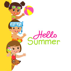 Flat Illustration Happy Children Vector Banner, Group Of Cheerful Kids On White Background. Hello Summer Boy And Girl Vector. Fun Summer Activities For Kids.
