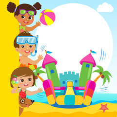 Cheerful Girl And Boy In Jumping Bouncy Castle. Summertime Template With Space For Text. Bouncy Castle For Kid Active Holidays Vector Concept Banner. Vector Summer Design.