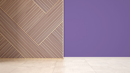 Empty room with wooden panel, ceramic marble floor. Purple wall background with copy space. Minimalist zen interior design concept idea, modern architecture template
