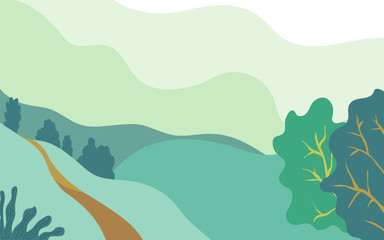Fototapeta na wymiar flat vector illustration of a green landscape with a blue and green mountain background. for websites, cards and banners