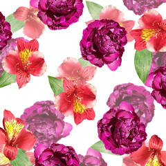 Beautiful floral background of red alstroemeria and burgundy peonies. Isolated