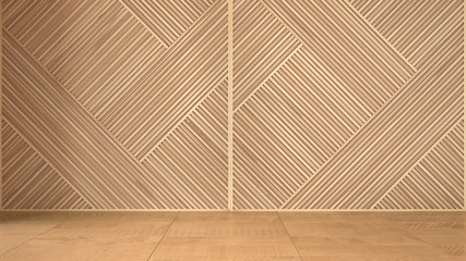 Empty room with wooden panel background with copy space. Orange ceramic marble floor. Minimalist zen interior design concept idea, modern architecture template