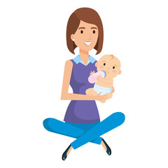 mother lifting little baby character