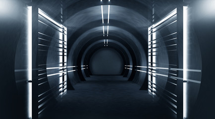 Abstract tunnel, corridor with rays of light and new highlights. Abstract blue background, neon. Scene with rays and lines, Round arch, light in motion, night view. 3D illustration.