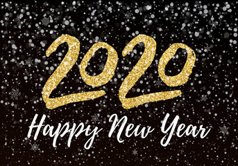 Merry christmas and 2020 happy new year postcard with falling snow in the dark, frozen numbers 2020, snowdrifts, flat style design vector illustration on black background. Year of the metal rat.