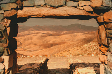 Framed landscape of Fuerteventura deserted mountains, Canary Islands, Spain