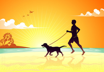 Jogging with Pet Dog, Beach Side Sunset