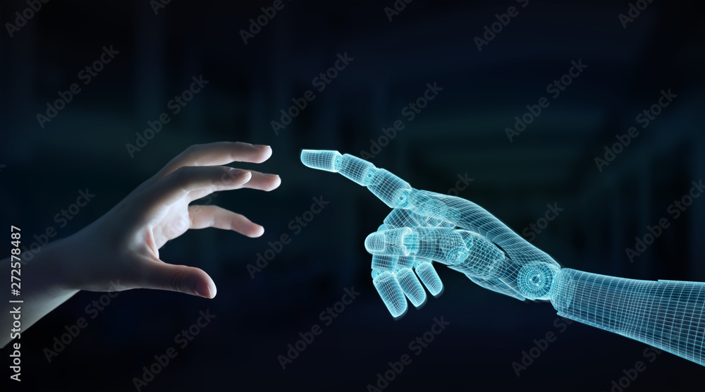 Poster wireframed robot hand making contact with human hand on dark 3d rendering
