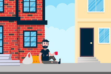 Homeless man sitting down with the cup and ask some money near building in the city. Poor people help concept flat style design vector illustration isolated on white background.