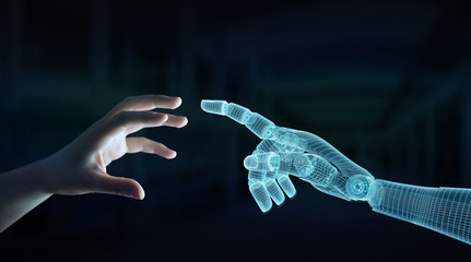 Wireframed Robot hand making contact with human hand on dark 3D rendering