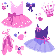 Cute ballerina dancer girl dresses and ballet shoes. Vector illustration set © stockakia