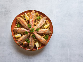 Arabian Fish Kabsa. Fish Biryani. Top view.