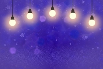 Fototapeta na wymiar wonderful brilliant glitter lights defocused bokeh abstract background with light bulbs and falling snow flakes fly, festival mockup texture with blank space for your content