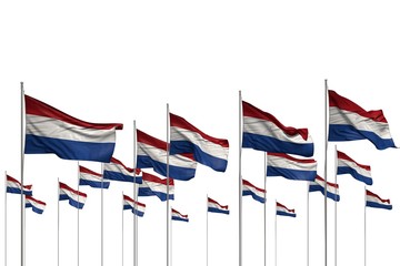 nice many Netherlands flags in a row isolated on white with free place for your text - any celebration flag 3d illustration..