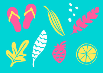 Fototapeta na wymiar Tropical collection for summer beach party exotic leaves, pineapple, palms and fruits. Vector design isolated elements on the white background