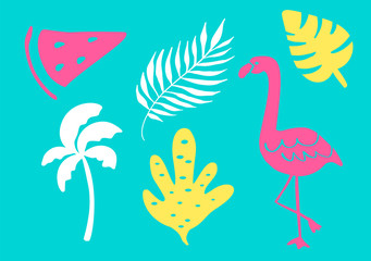 Tropical collection for summer beach party exotic leaves, trees, flamingos and fruits. Vector design isolated elements on the white background