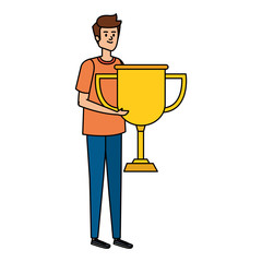 young man lifting trophy cup award