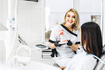 Pretty female dentist explaining way of treatment on the denture for the patient in the clinic.