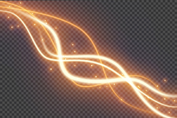 Transparent light effect with curve trail and sparkles. Glowing shiny lines. Abstract light speed motion effect. Vector illustration.