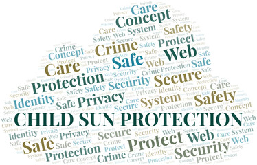 Child Sun Protection word cloud. Wordcloud made with text only.