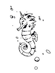 Linear drawing of a sea horse. Fashion tattoo. Outline drawing. Hipster style. T-shirt pattern.