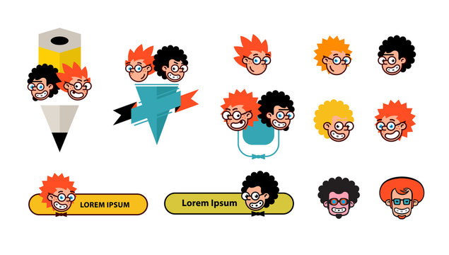 Cartoon characters geeks in a flat style. Image isolated on white background. Comics logo of the company. Avatar, icons of characters for print and site. Geek characters for the company.