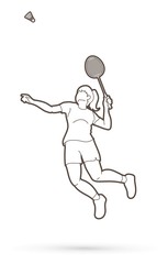 Fototapeta na wymiar Badminton female player action with racket and shuttlecock cartoon graphic vector.