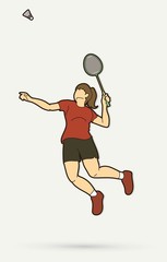Badminton female player action with racket and shuttlecock cartoon graphic vector.
