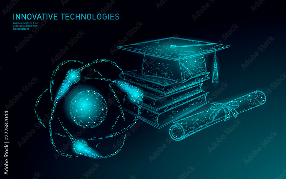 Poster e-learning distance graduate via smartphone. certificate program concept. low poly 3d render graduat