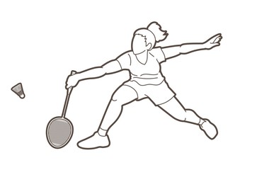 Badminton female player action with racket and shuttlecock cartoon graphic vector.