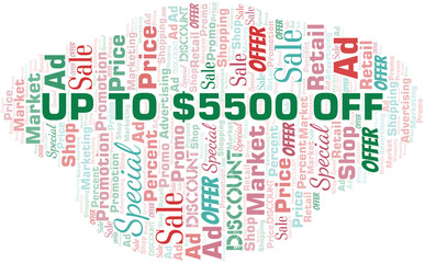 Obraz premium Up To $5500 Off word cloud. Wordcloud made with text only.