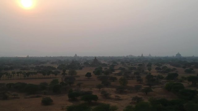 Drone Image of the Temples in Bagan, Myanmar in the Sunset