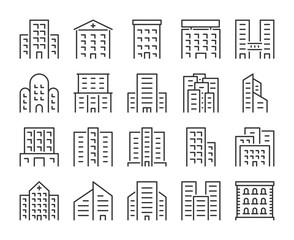 Building icon. Offices, school, hospital, City constructions line icons set. Editable stroke, 64x64 Pixel perfect.