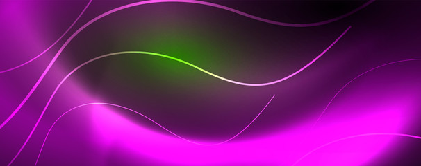 Shiny neon lines template - northern lights glowing blur lines. Futuristic style glow neon 80s disco club or night party techno template