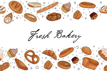 Seamless border of elements with hand drawn bakery products on a white background