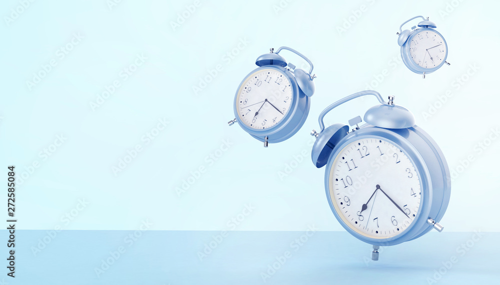 Poster blue alarm clock triple retro style and background concept old modern art minimal on pastel blue bac