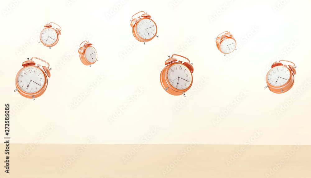 Poster orange alarm clock groups retro style and background concept old modern art minimal on pastel orange